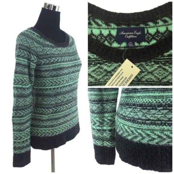 Vintage NWT American Eagle Outfitters Fair Isle Crew Neck Mint Green & Gray Cozy - Picture 5 of 7